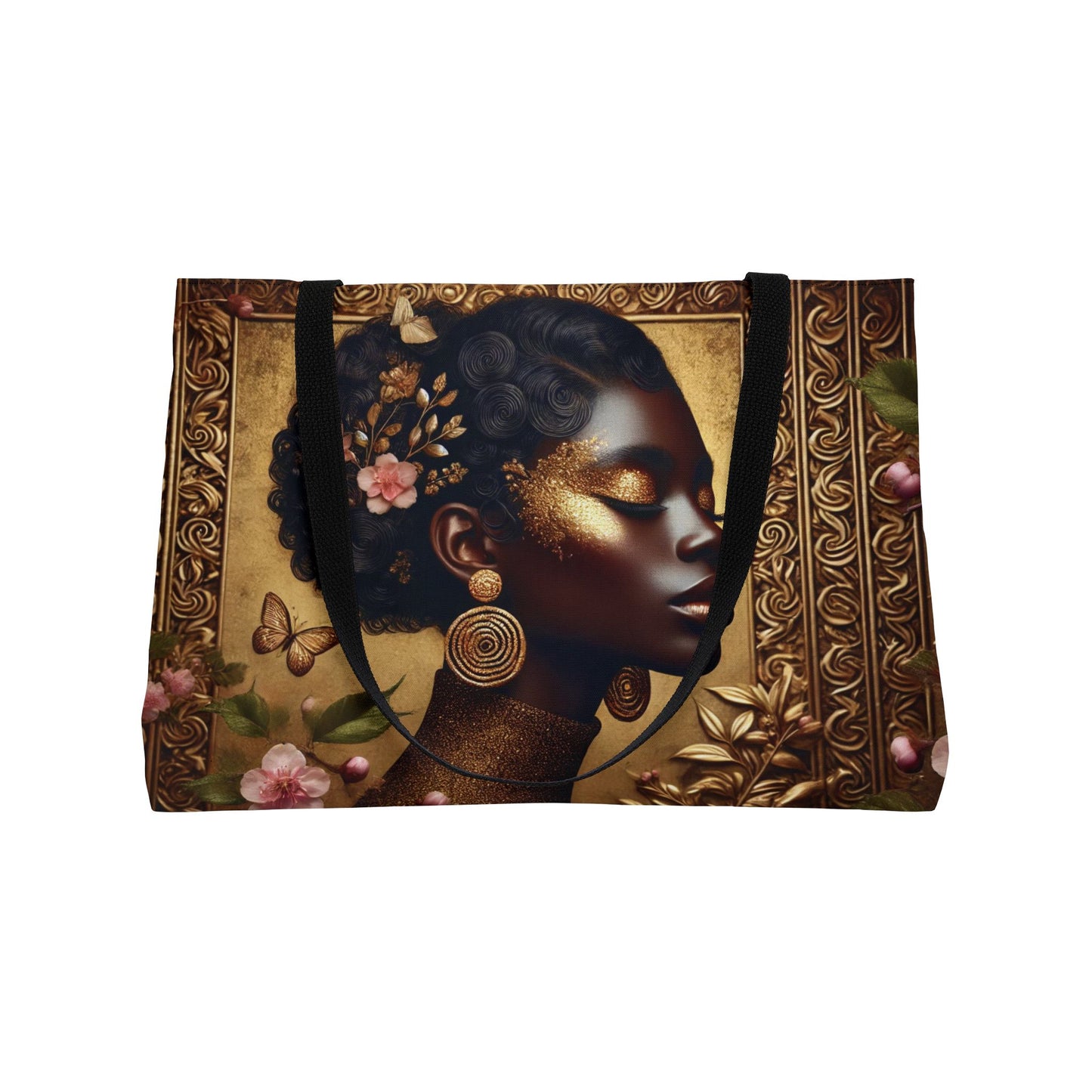 Afrocentric Profile Art Weekender Tote Bag | Floral Gold Portrait