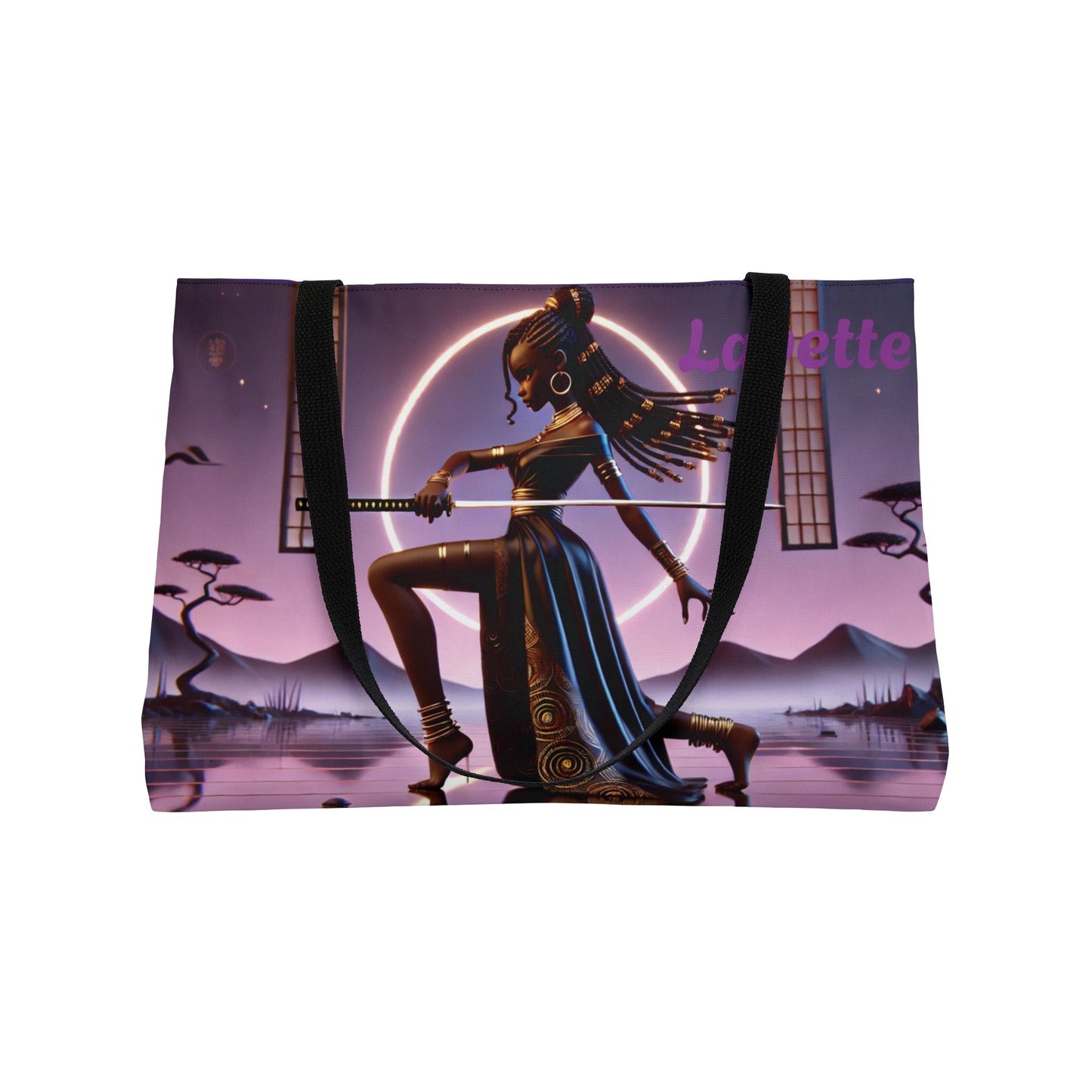 Customizable Samurai Girl Illustration Weekender Tote Bag | Neon Japanese Landscape