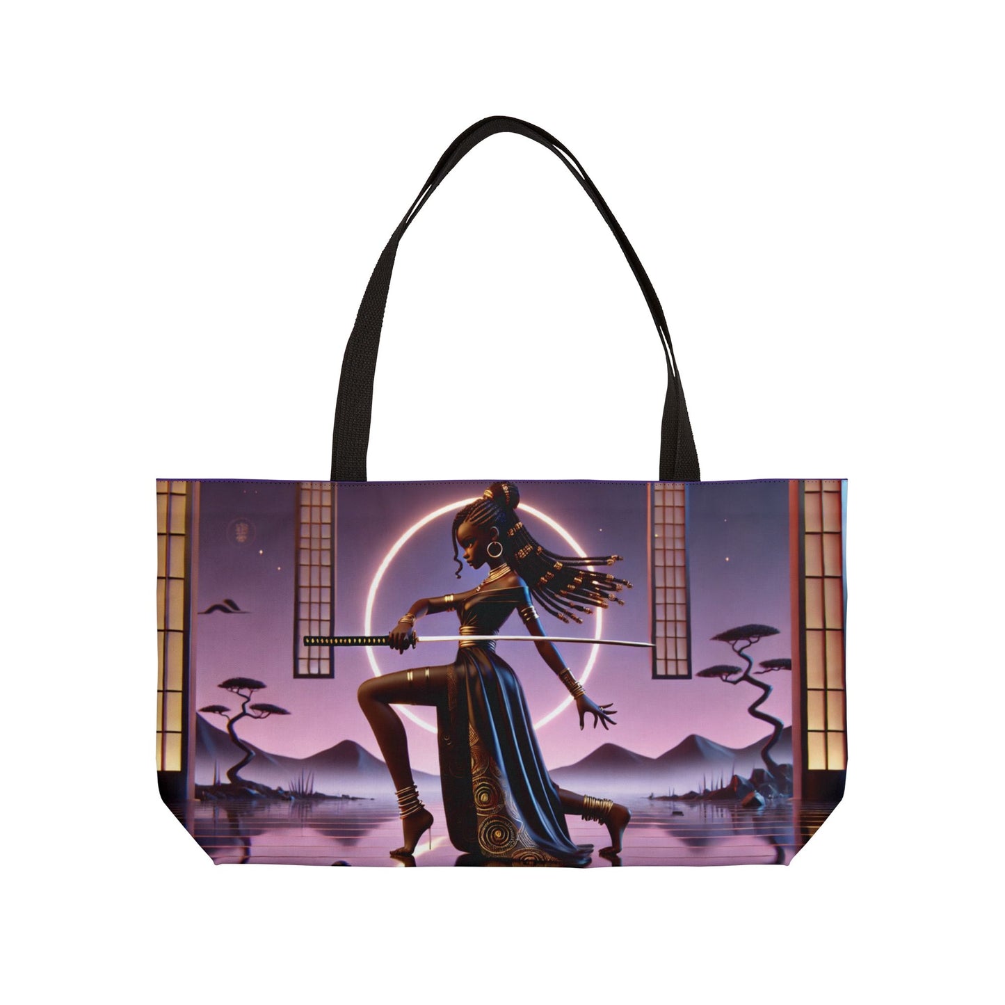 Customizable Samurai Girl Illustration Weekender Tote Bag | Neon Japanese Landscape