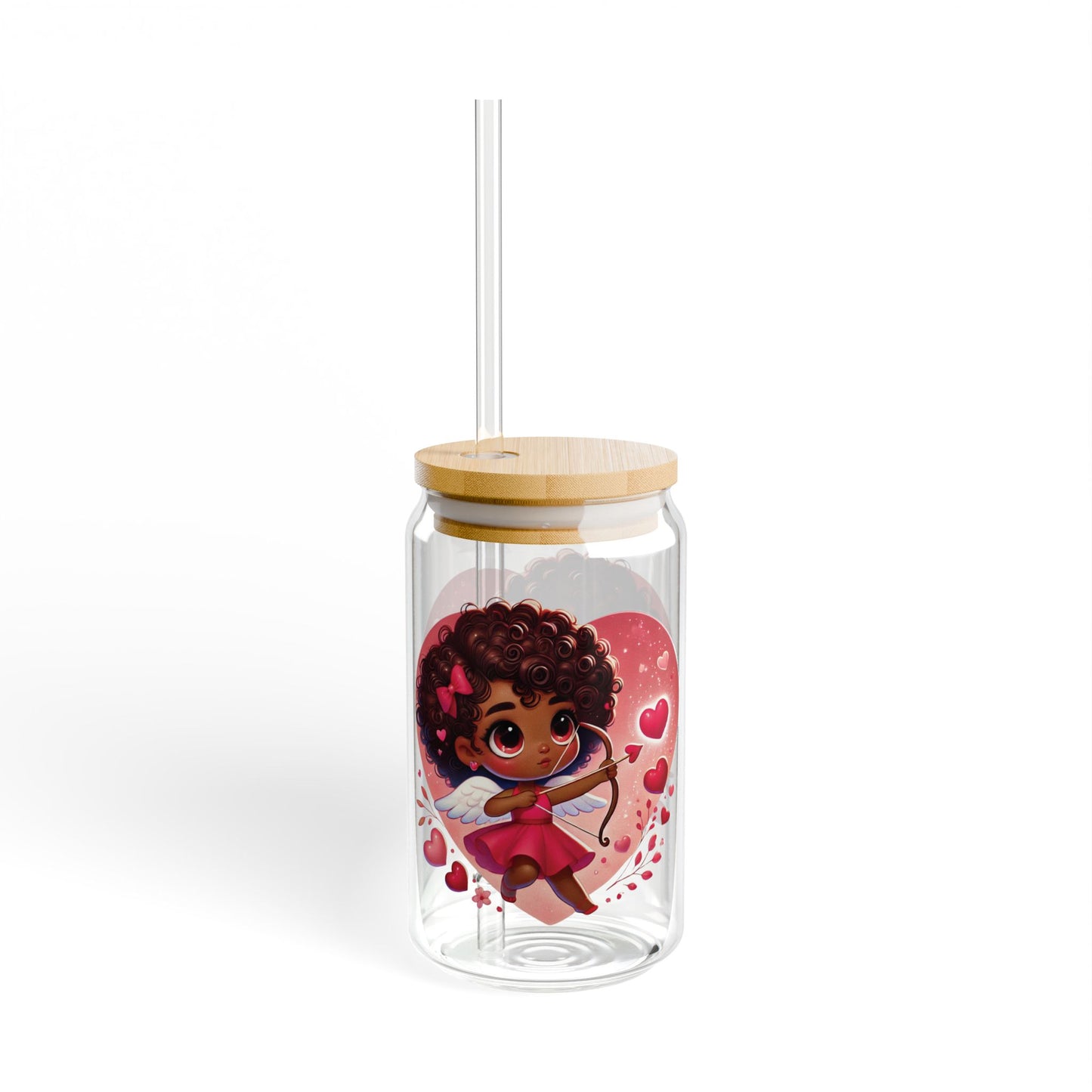 16oz Cupid Girl Sipper Glass — Cute Valentine Heart Straw Tumbler