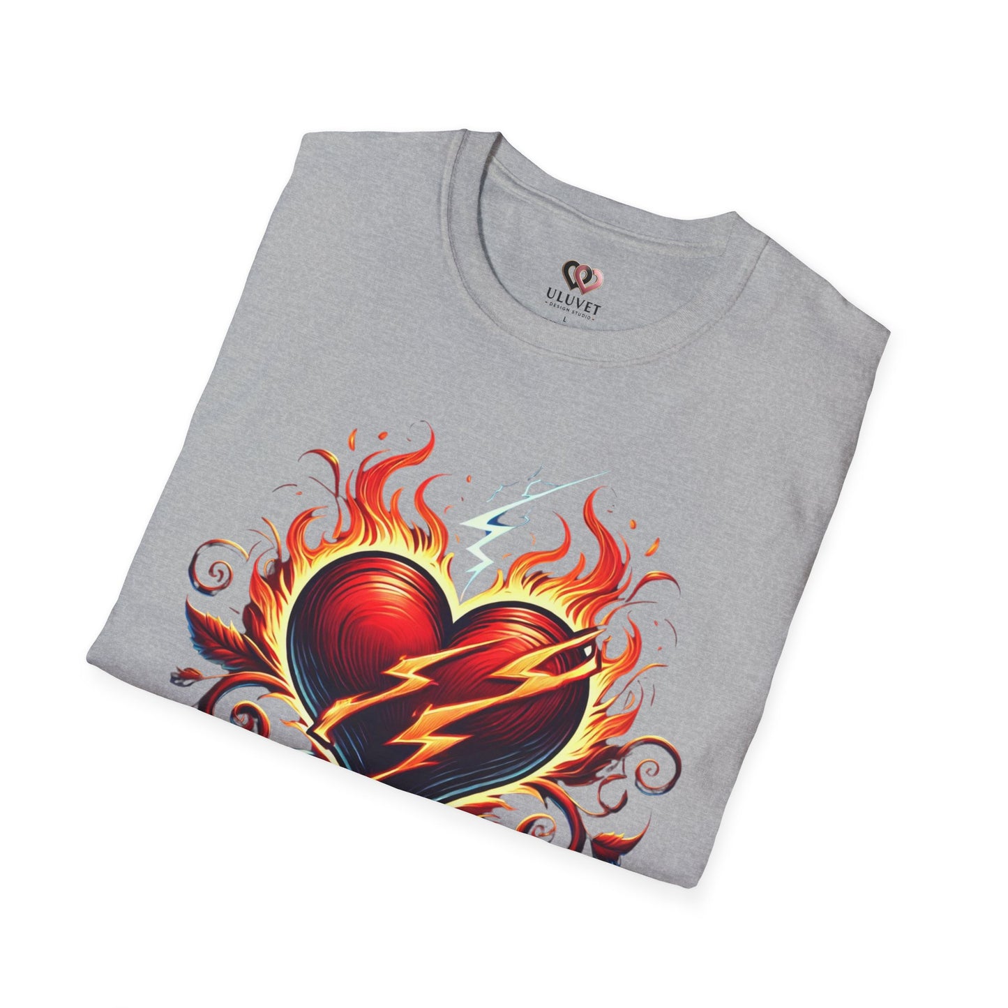 Flaming Heart Unisex Softstyle T-Shirt – Vintage Rock Tee, Gift for Him, Graphic Shirt, Festival Outfit, Casual Wear