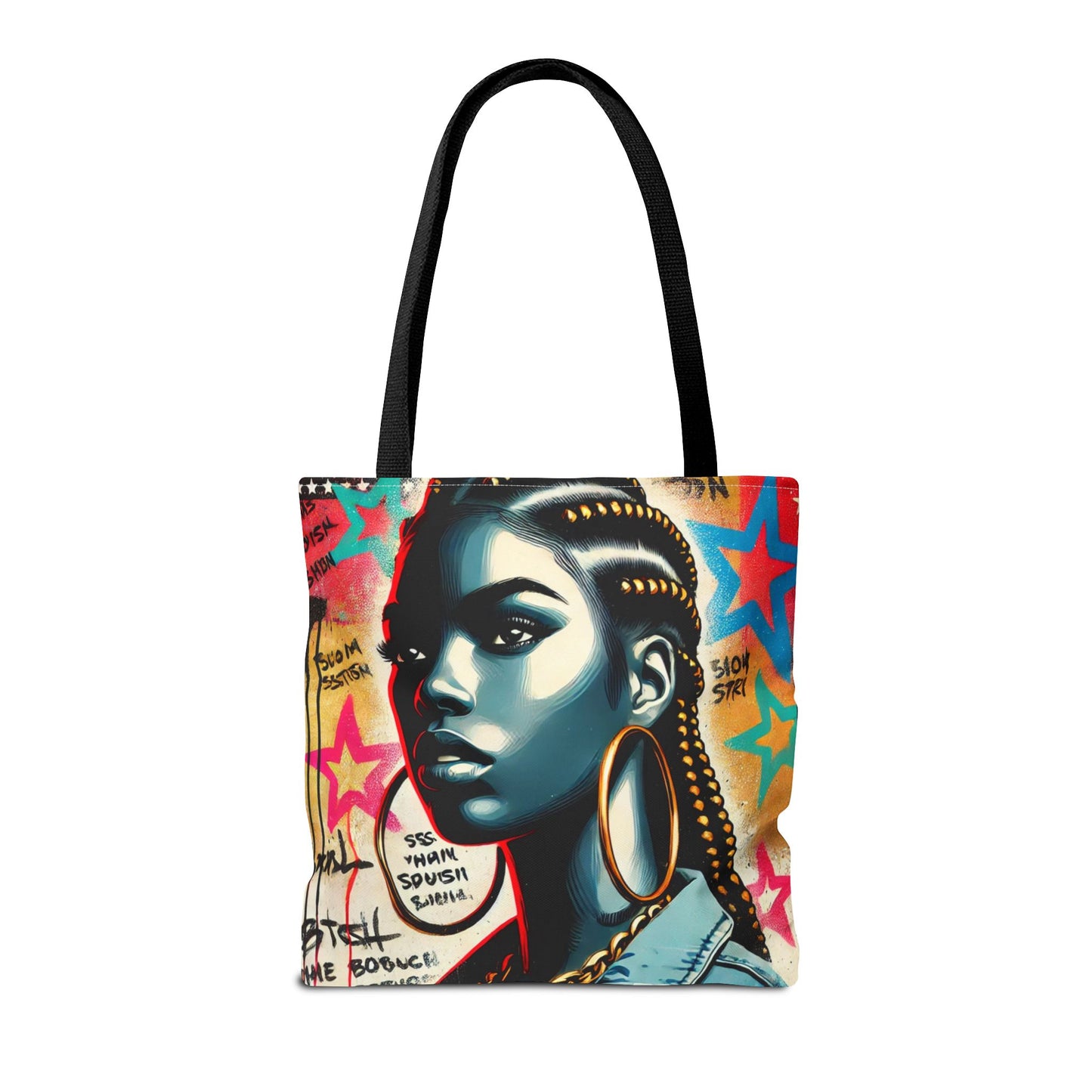 Braided Woman Portrait Tote Bag | Urban Graffiti Art, Colorful Star Background