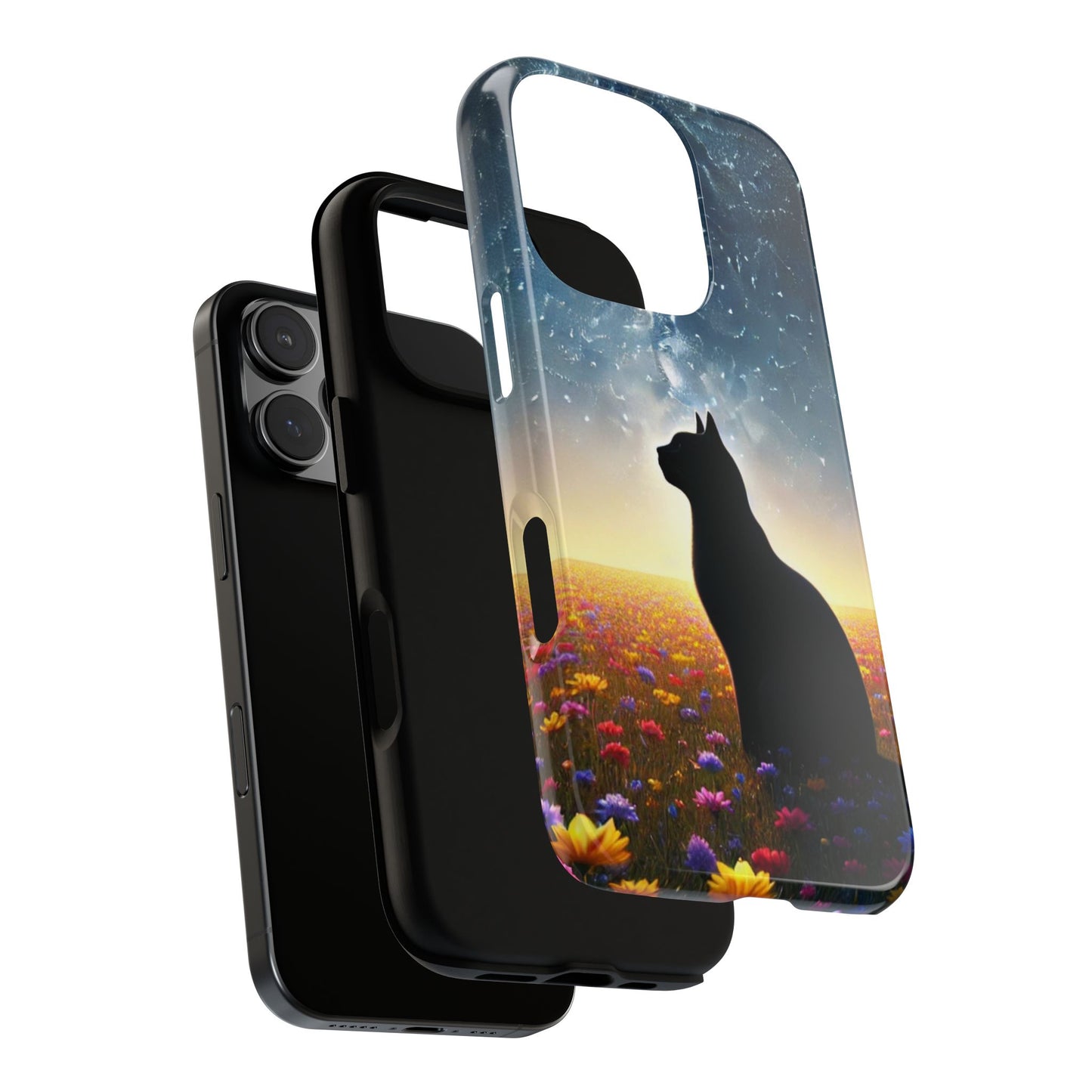 Cat Silhouette Phone Case | Floral Night Sky Design | Unique Gift, Cat Lover, Nature Lover, Birthday, Handmade