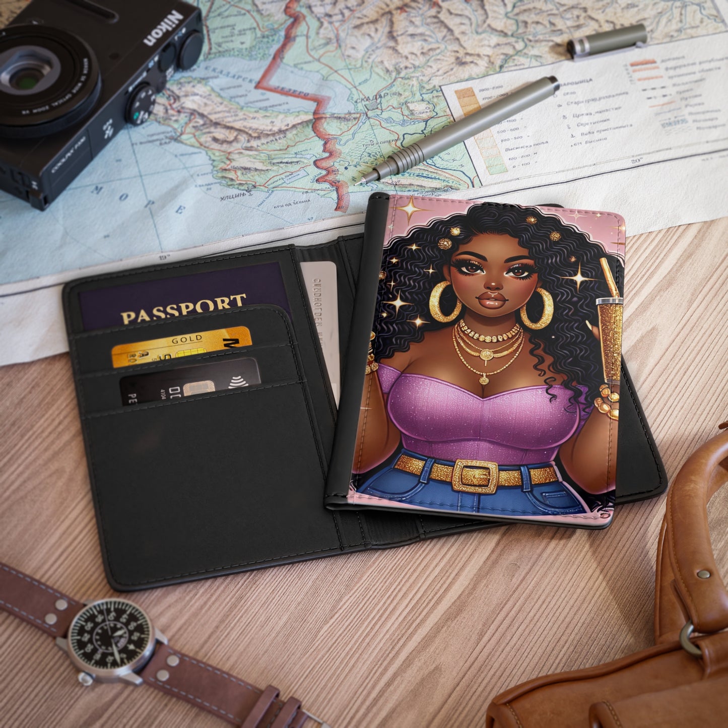 Curly Hair Glam Woman Passport Cover | Black Girl Magic, Gold Accessories