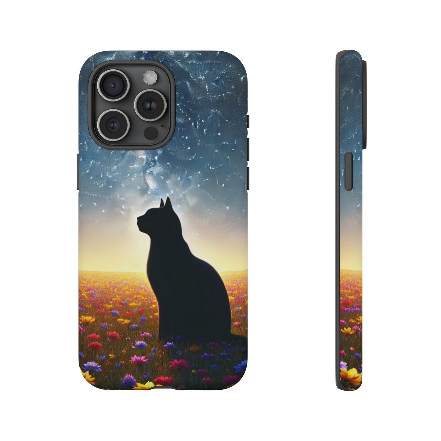 Cat Silhouette Phone Case | Floral Night Sky Design | Unique Gift, Cat Lover, Nature Lover, Birthday, Handmade