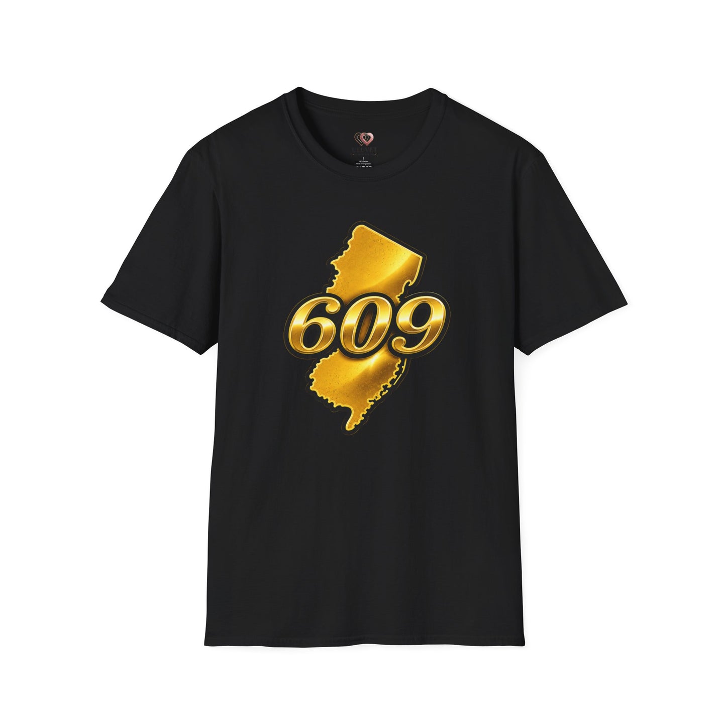 609 New Jersey T-Shirt — Gold State Outline Jersey Area Code Tee