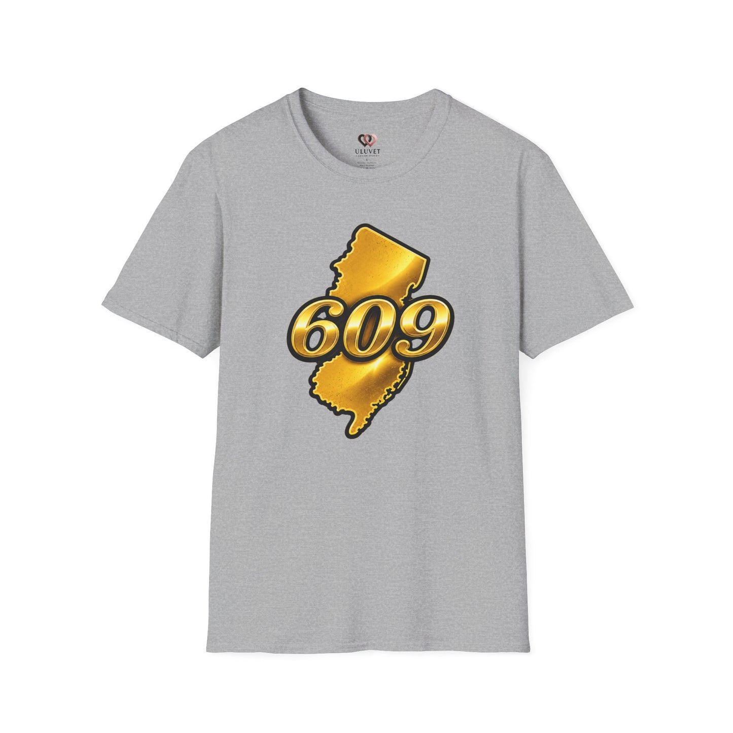 609 New Jersey T-Shirt — Gold State Outline Jersey Area Code Tee