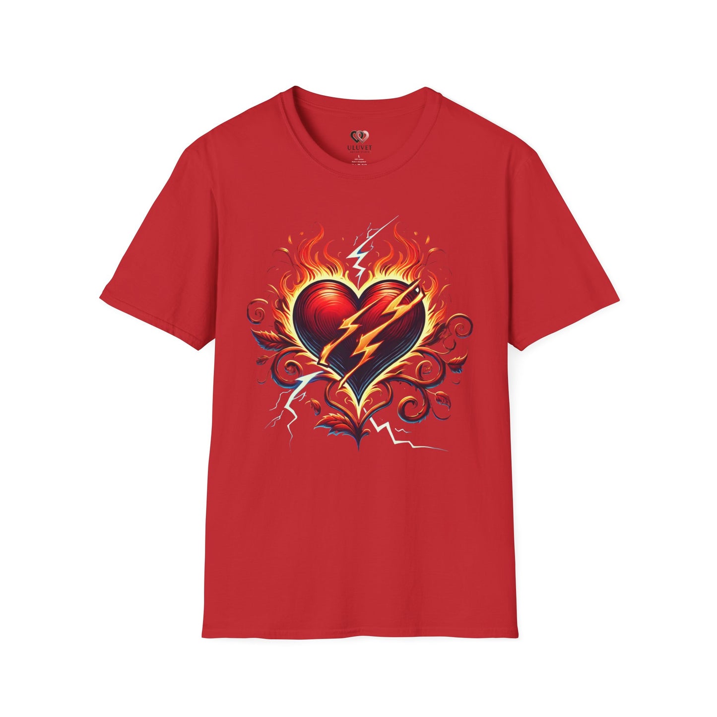 Flaming Heart Unisex Softstyle T-Shirt – Vintage Rock Tee, Gift for Him, Graphic Shirt, Festival Outfit, Casual Wear
