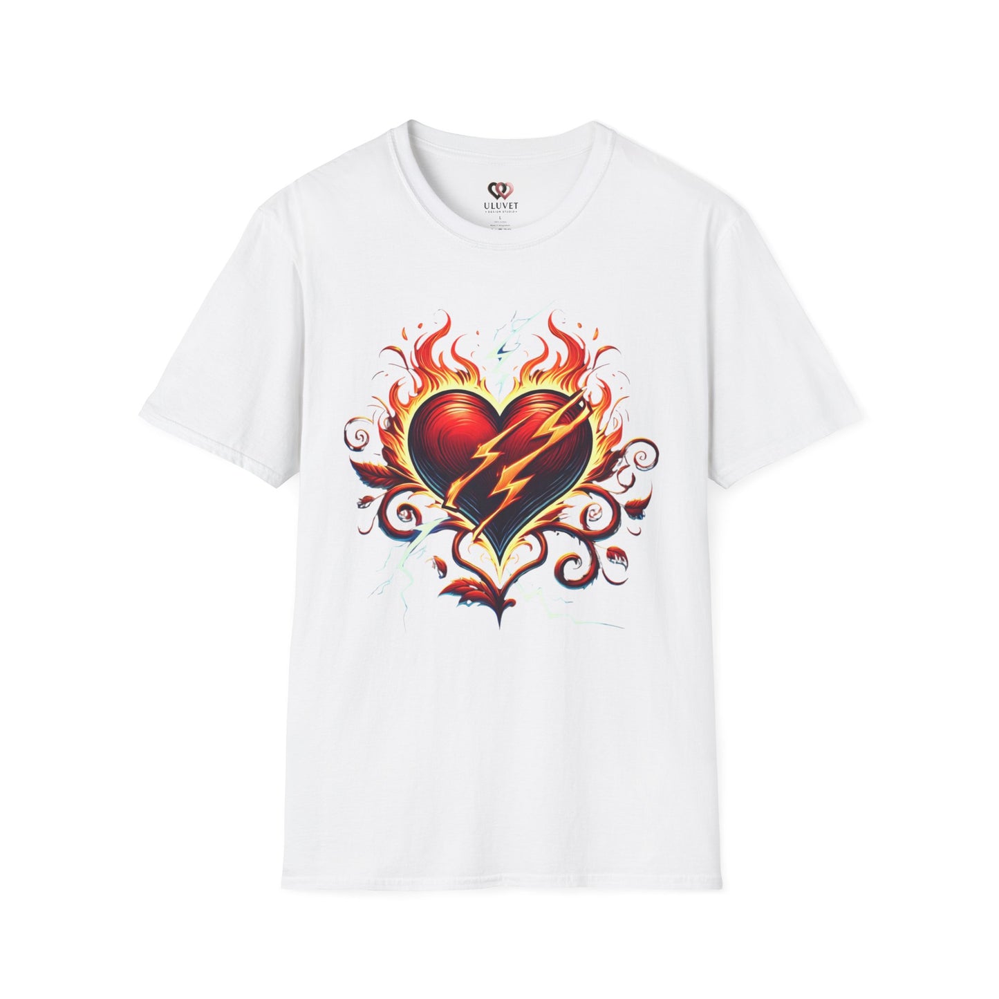 Flaming Heart Unisex Softstyle T-Shirt – Vintage Rock Tee, Gift for Him, Graphic Shirt, Festival Outfit, Casual Wear