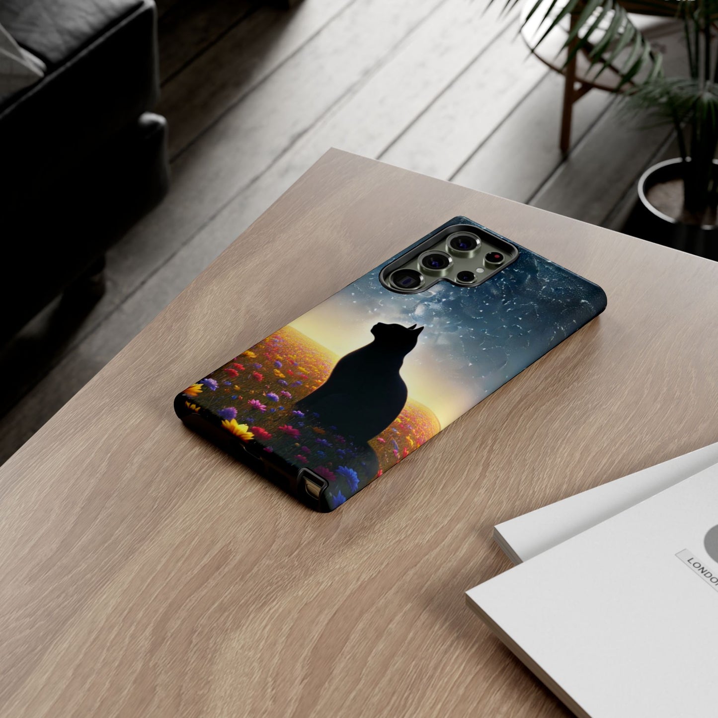 Cat Silhouette Phone Case | Floral Night Sky Design | Unique Gift, Cat Lover, Nature Lover, Birthday, Handmade