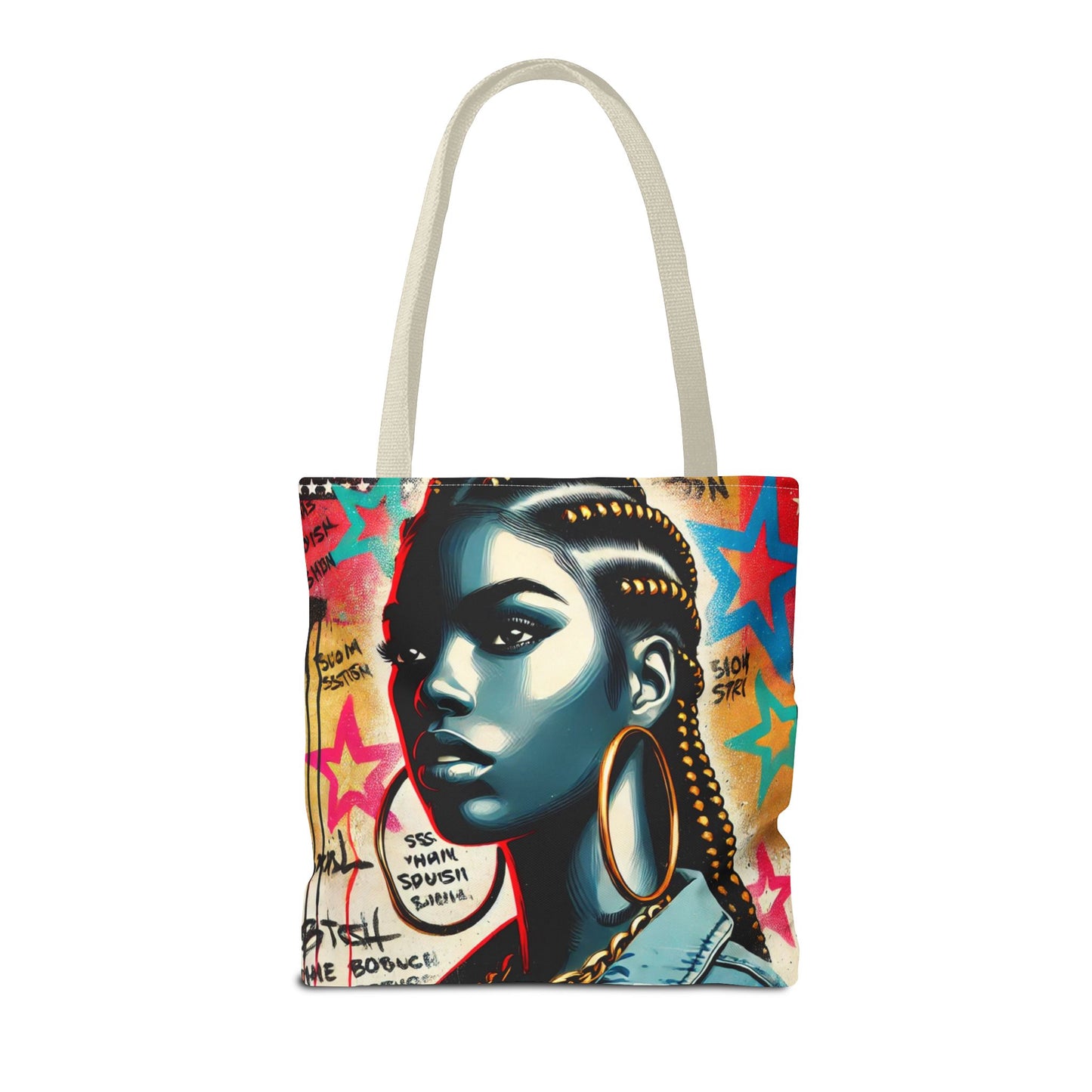 Braided Woman Portrait Tote Bag | Urban Graffiti Art, Colorful Star Background